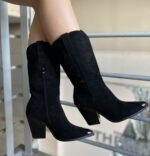 Μαύρες Σουέτ Cowgirl Μπότες με Τακούνι