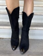 Μαύρες Σουέτ Cowgirl Μπότες με Τακούνι - Image 3